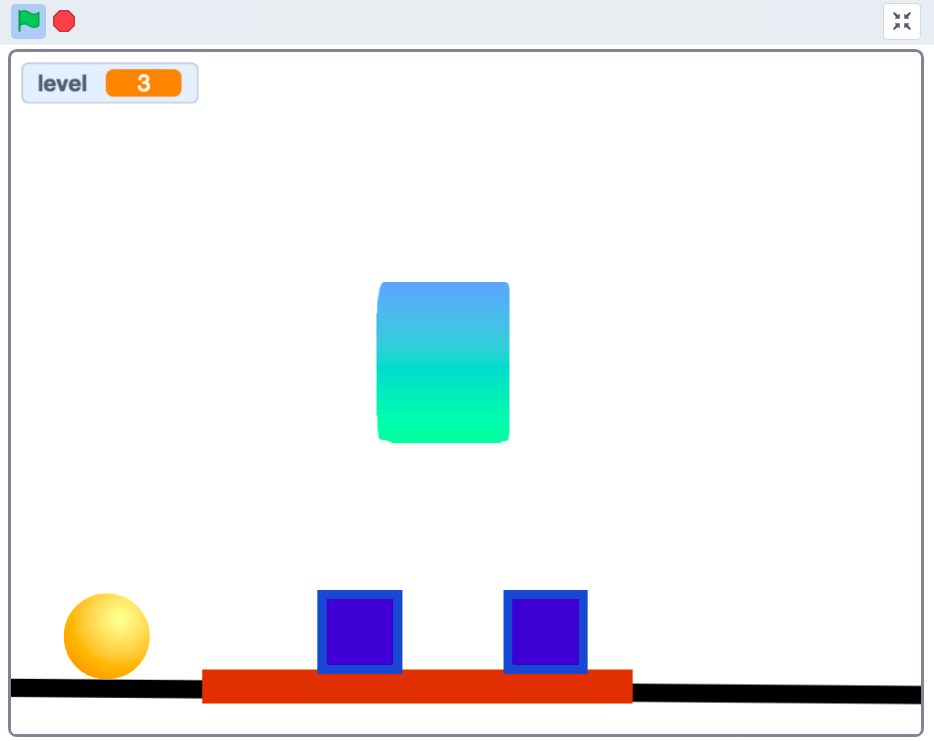 Scratch preview screen of the platformer. on the bottom platform are 2 blue boxes, the player character (a yellow ball) sits on the left side of the platform and a goal (a square with a gradient) is in the middle of the screen