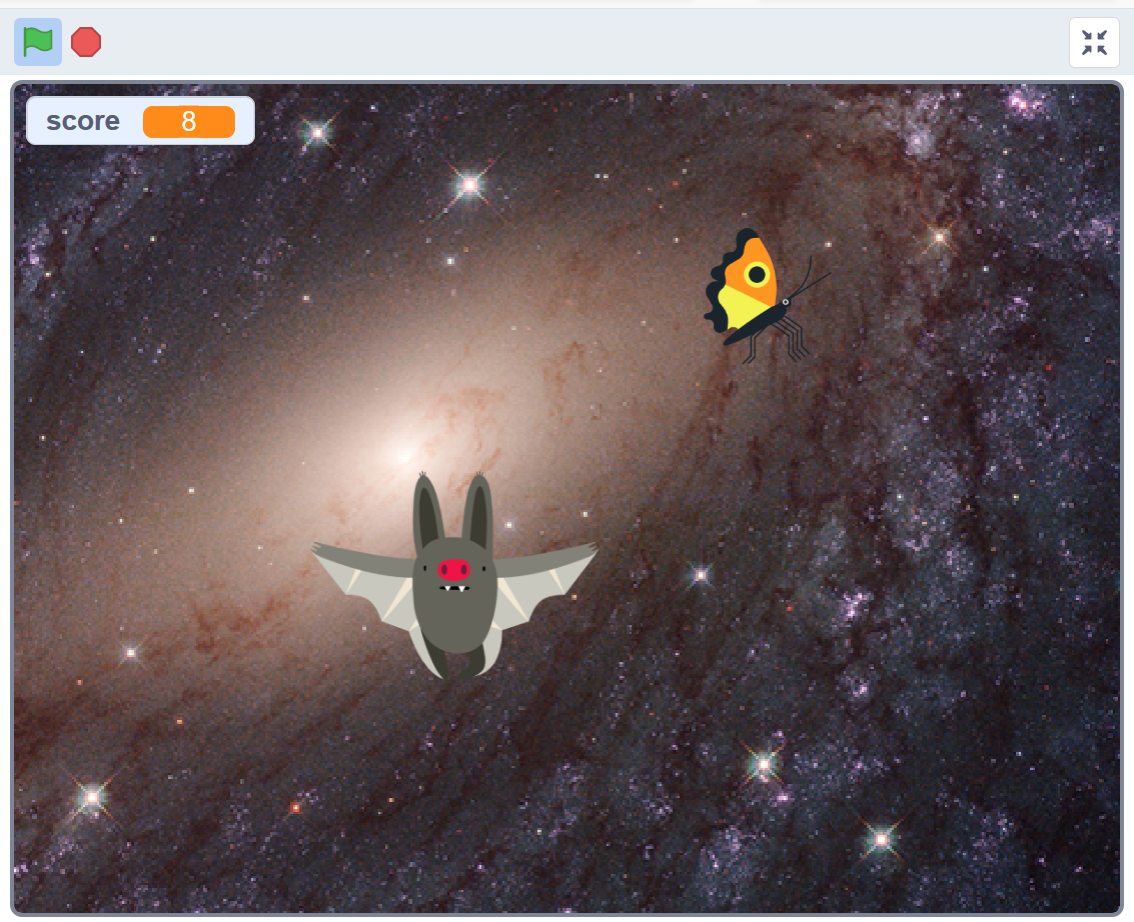 Scratch preview screen: a larger grey bat Sprite and smaller yellow and orange moth Sprite are on a galaxy backdrop. a score in the top left corner reads 8. it is presumed the bat is the player character and the moth is the critter you must catch