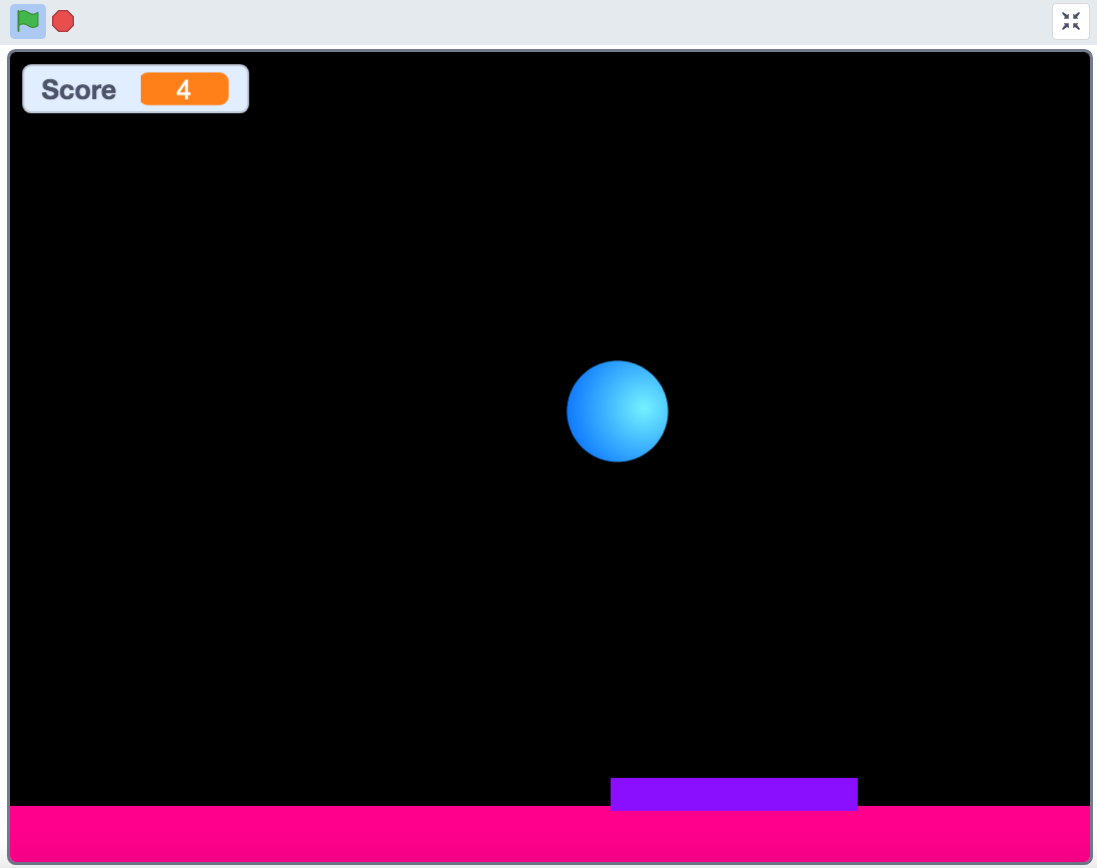 Scratch preview window with a black backdrop, blue ball in the center, pink border on the bottom, and purple paddle above the pink. in the top left corner "Score 4" is written